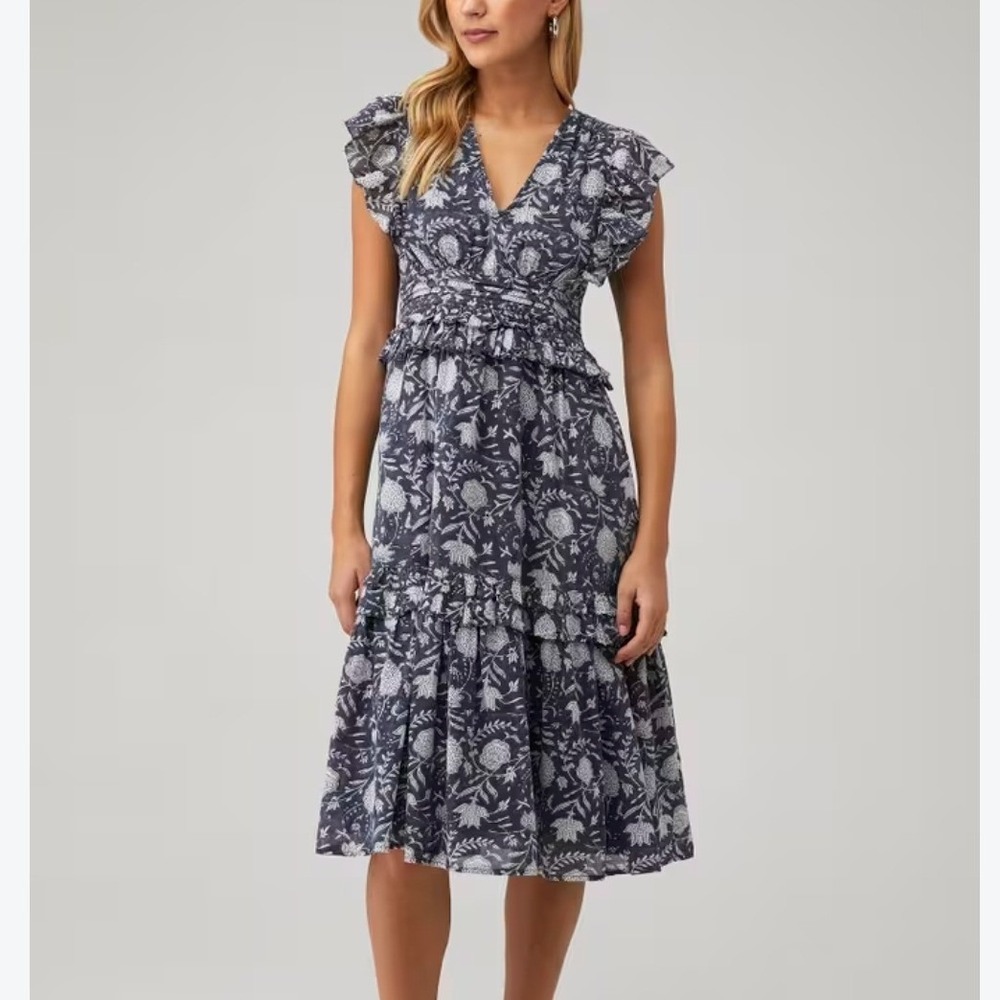 Cleobella Annie Navy White Floral Block Print Ruffle Tiered Midi Dress Small